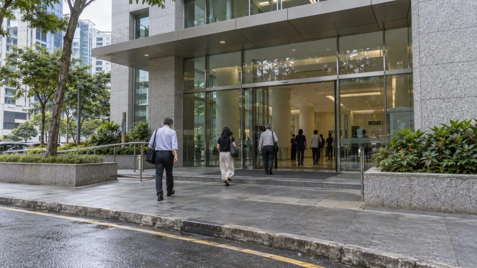 Visitors enter a public service centre in Singapore on an overcast morning. (AI-generated image / EconoTimes)