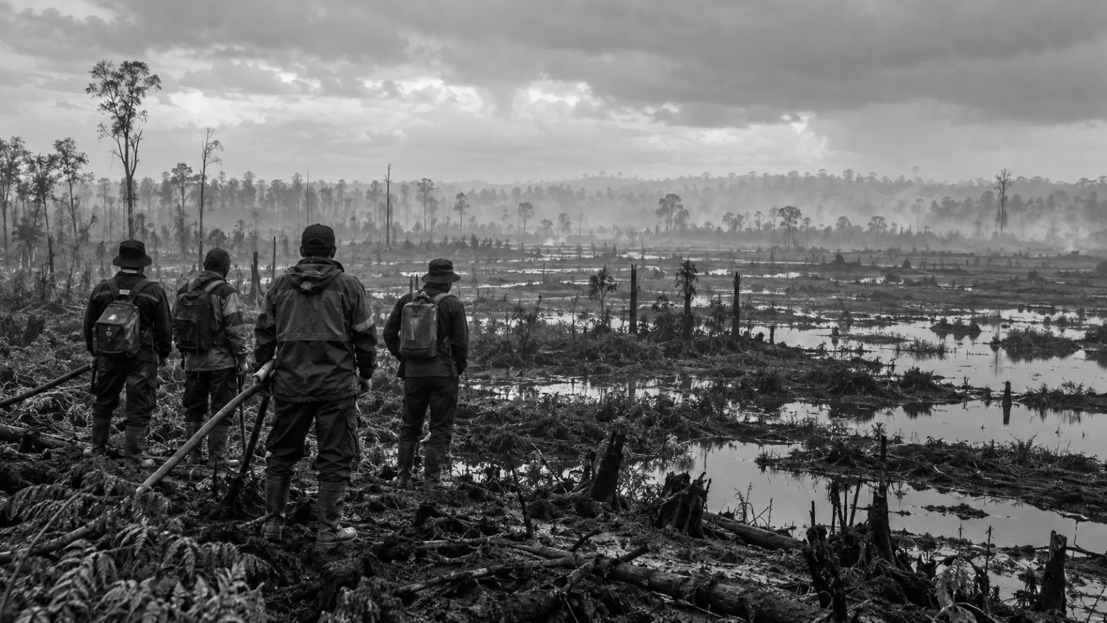 Volunteer firefighters stand beside rainwater pools on burned peatland near Palangkaraya, Indonesia (AI-generated image / EconoTimes)
