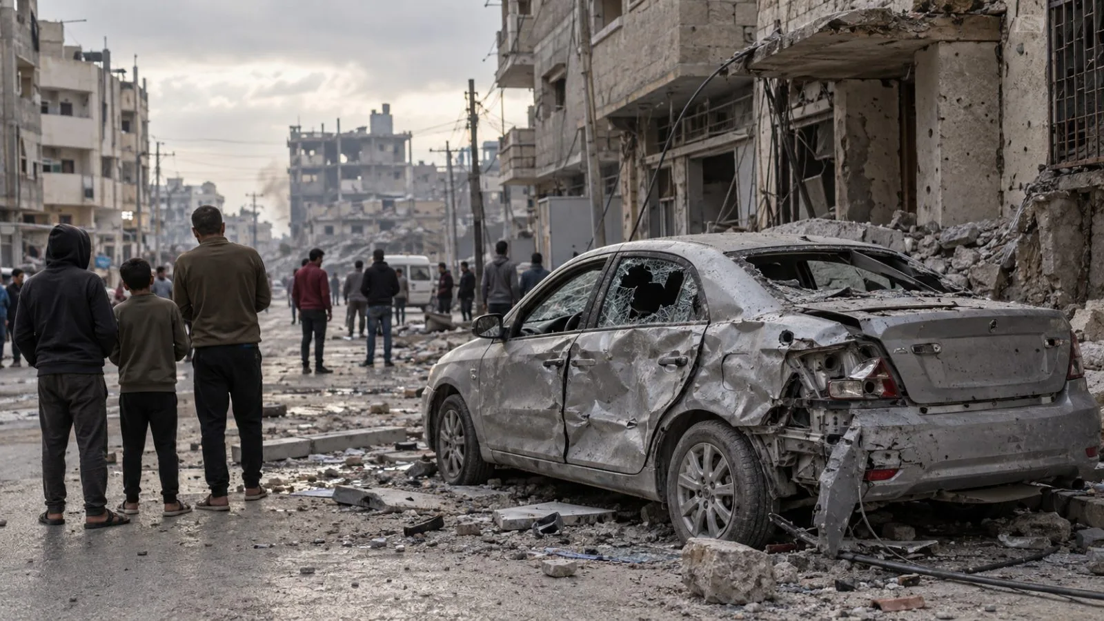 Residents gather near a damaged car after a reported strike in Gaza City, Gaza Strip (AI-generated image / EconoTimes)
