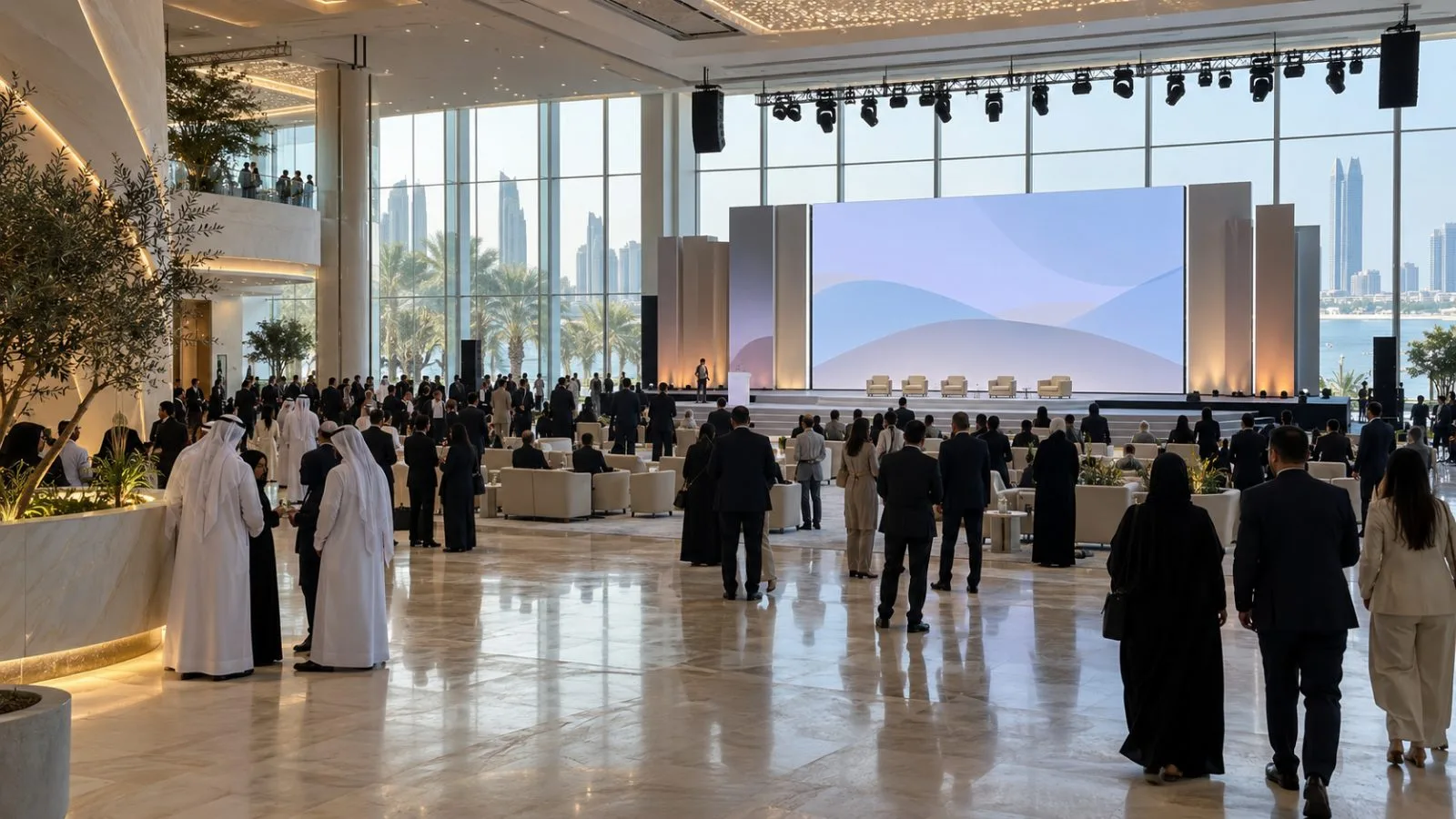 Attendees gather inside a health summit venue in Abu Dhabi, United Arab Emirates. (AI-generated image / EconoTimes)