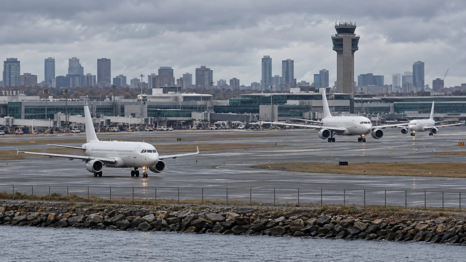 Passenger aircraft taxi beneath the control tower at Boston Logan International Airport. (AI-generated image / EconoTimes)