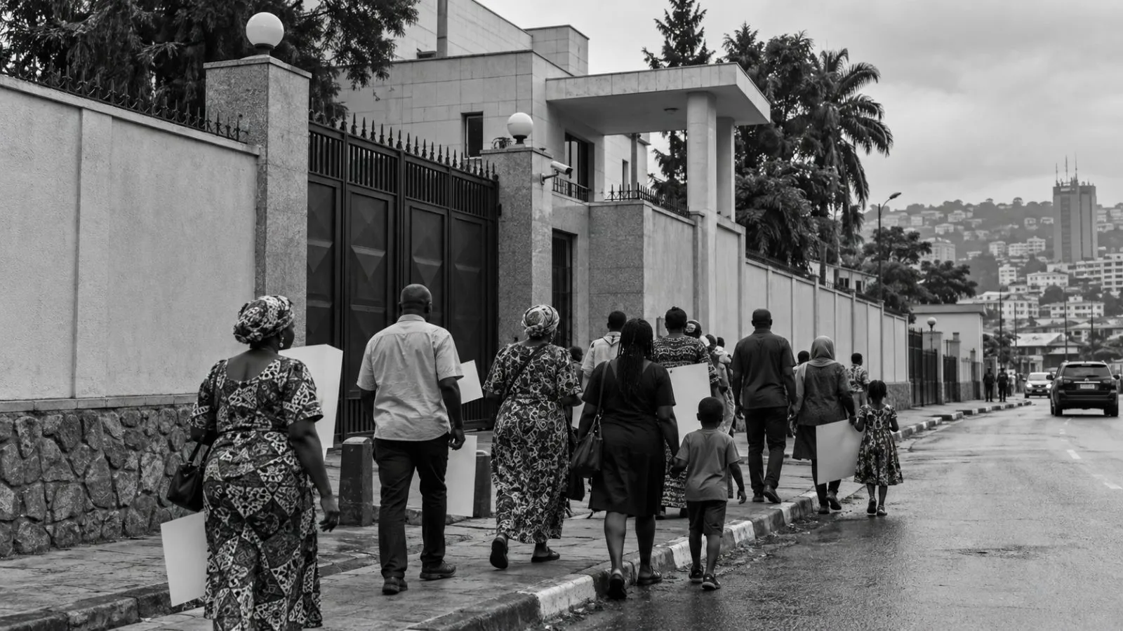 Families march outside the Russian Embassy in Yaoundé seeking answers about missing relatives. (AI-generated image / EconoTimes)