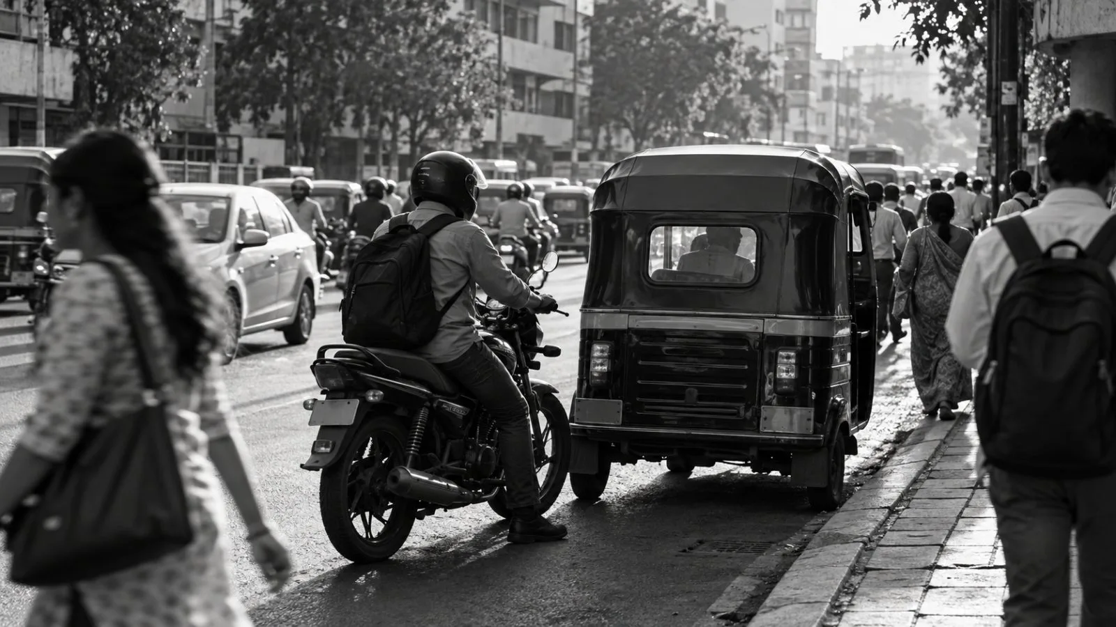 A motorcycle taxi waits beside an autorickshaw on a busy street in Pune, India. (AI-generated image / EconoTimes)