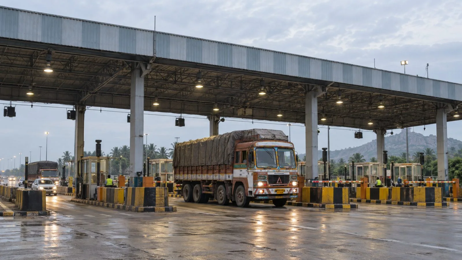 A truck passes through the toll lanes at Palayam Fee Plaza in Tamil Nadu, India (AI-generated image / EconoTimes)
