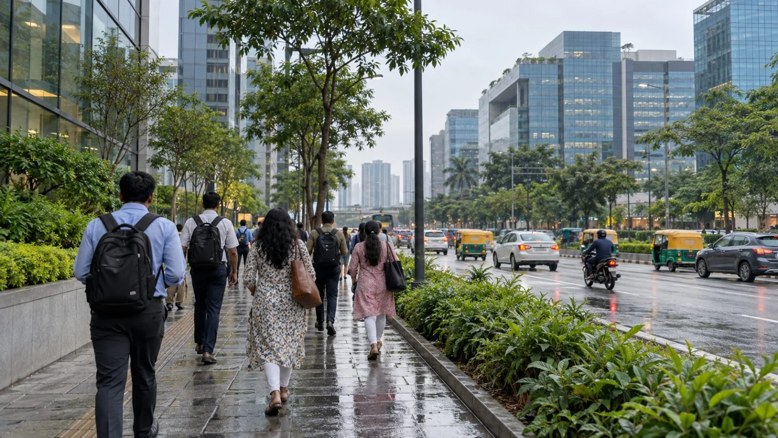 Commuters pass glass office buildings in Bengaluru's technology district under overcast morning skies. (AI-generated image / EconoTimes)