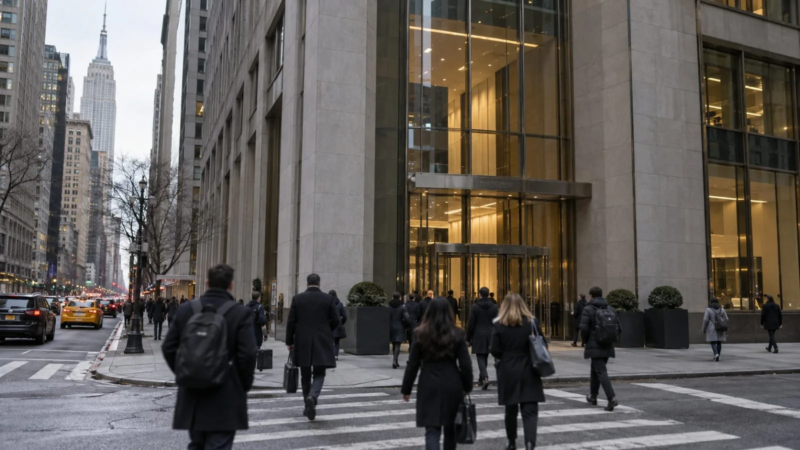 Commuters pass an office building entrance on Fifth Avenue in Manhattan, New York. (AI-generated image / EconoTimes)