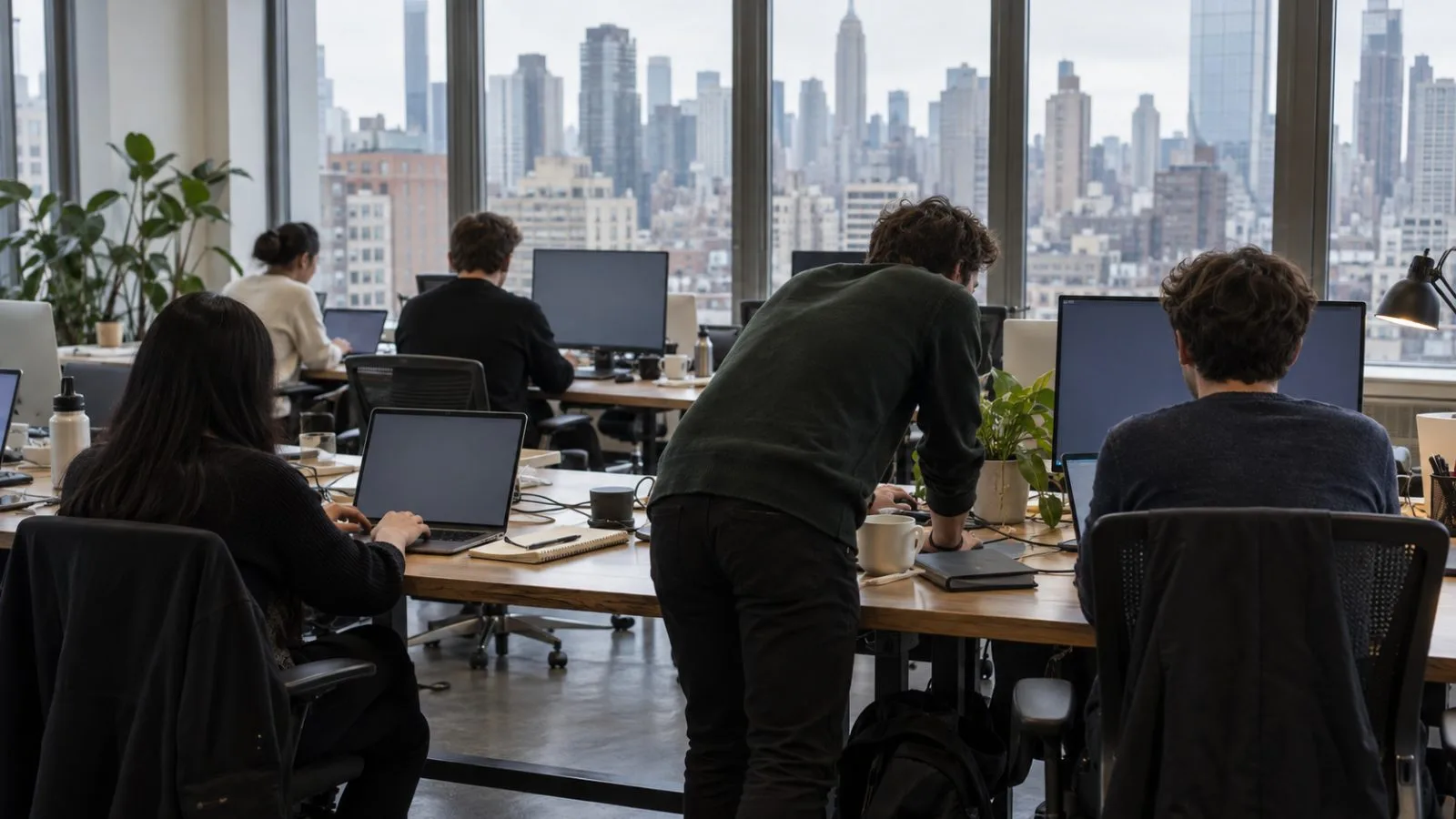 Engineers work at laptops inside an office in Midtown Manhattan, New York. (AI-generated image / EconoTimes)