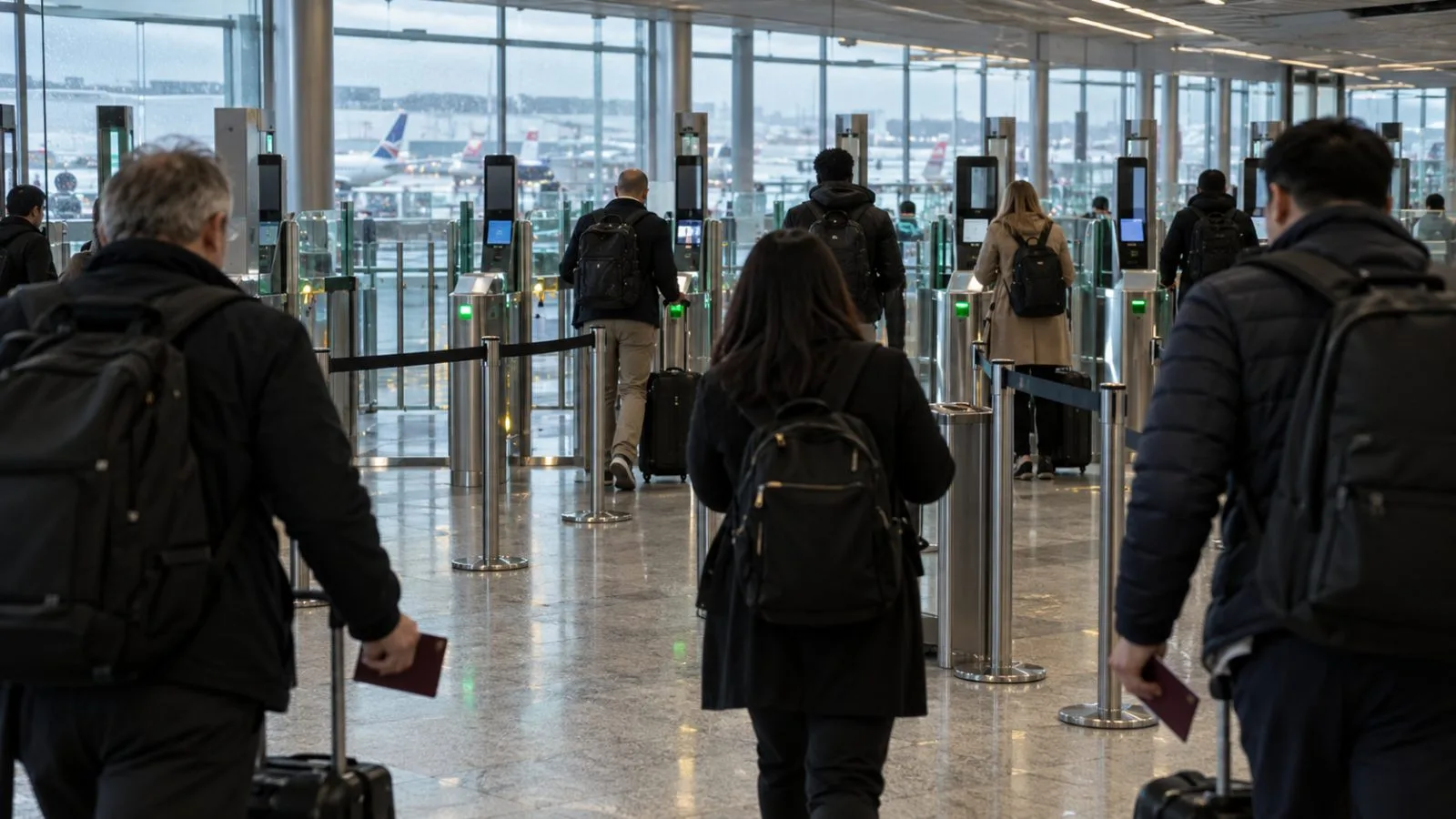 Travelers approach passport e-gates in the arrivals hall at Heathrow Airport, London. (AI-generated image / EconoTimes)