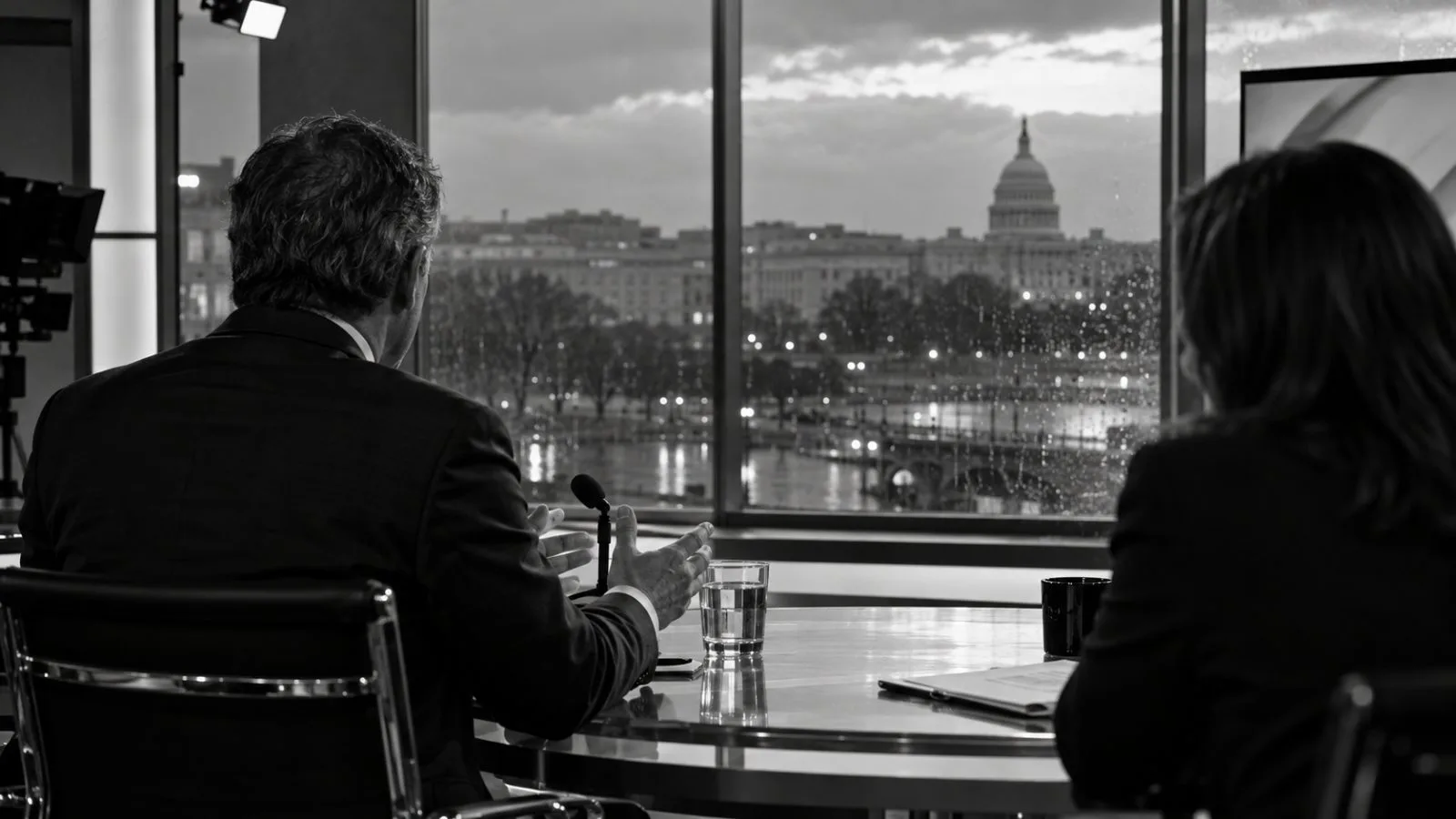 An anonymous guest speaks during a televised interview in a Washington, D.C., studio. (AI-generated image / EconoTimes)