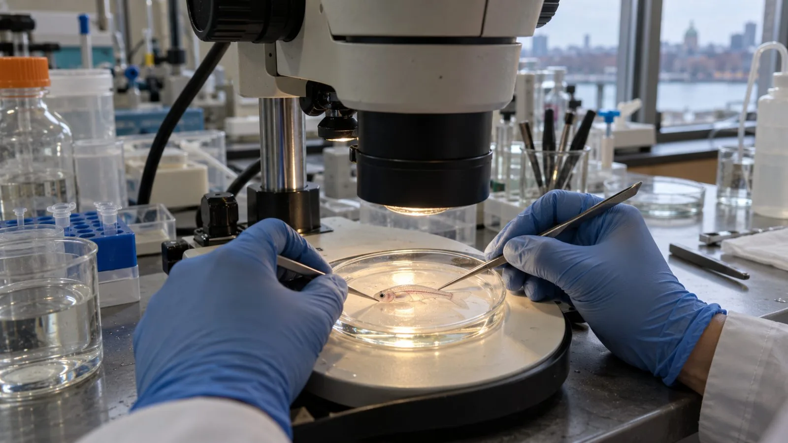 Researchers dissect a tiny Danionella fish under a microscope at the Whitehead Institute in Cambridge. (AI-generated image / EconoTimes)