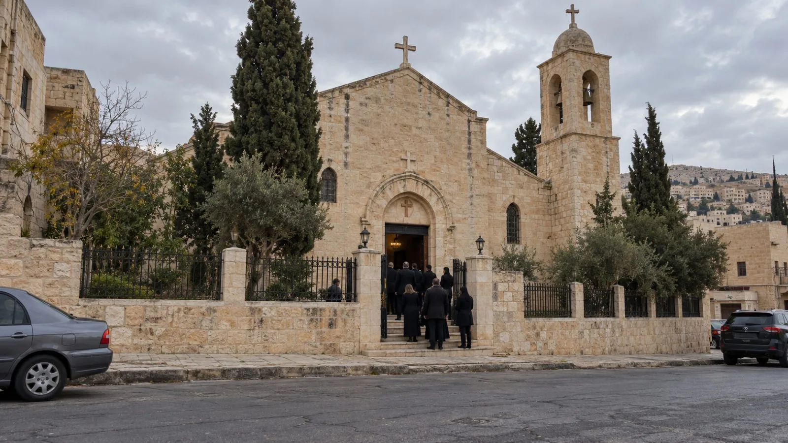 The exterior of Hamoud Church stands in Karak, Jordan, after a funeral. (AI-generated image / EconoTimes)