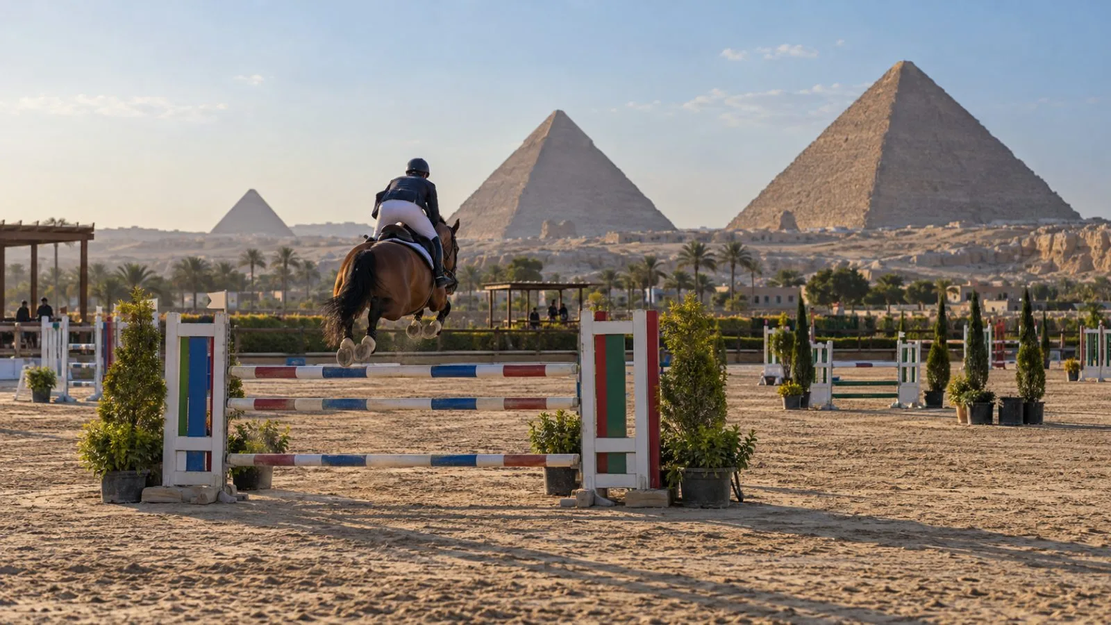 A horse clears a jump before the Great Pyramids during the Longines tour in Giza, Egypt. (AI-generated image / EconoTimes)