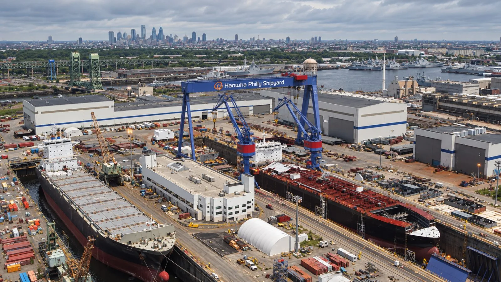 A vessel hull sits beneath cranes at Hanwha Philly Shipyard in Philadelphia, Pennsylvania. / EconoTimes.ai