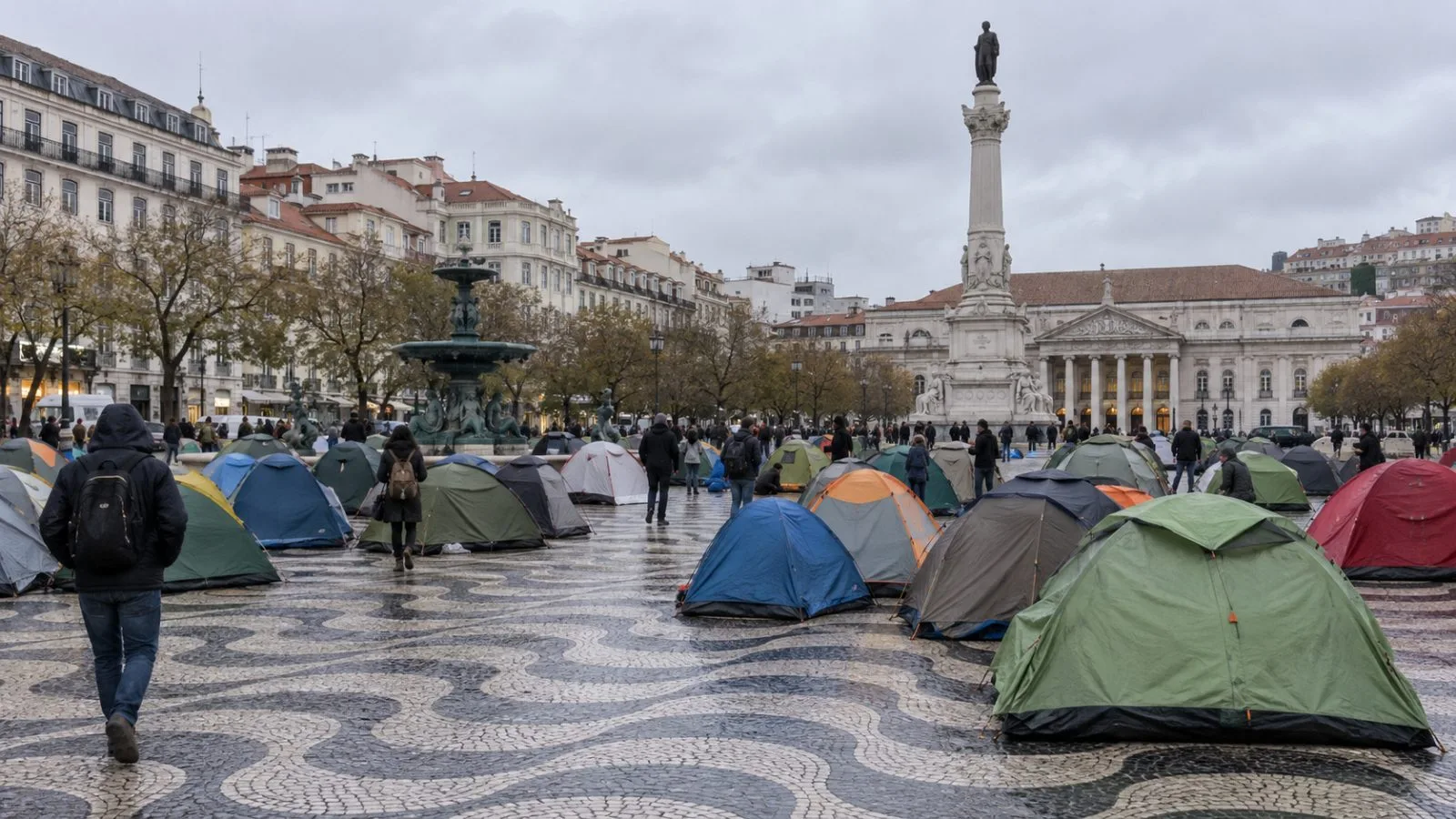 Camping tents fill Rossio Square in Lisbon as people move among them. (AI-generated image / EconoTimes)