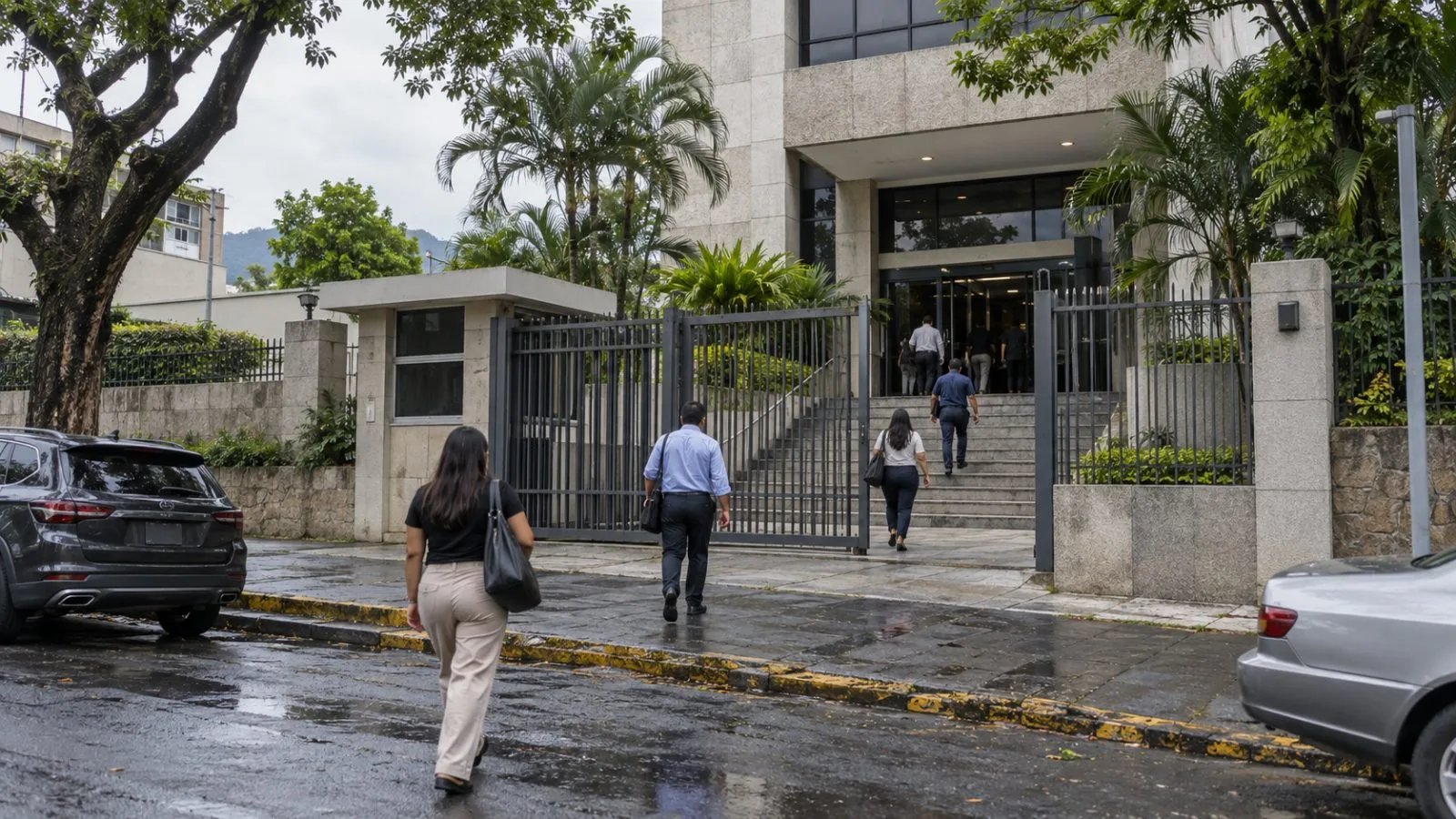 Pedestrians pass the National Commission of Digital Assets offices on Calle La Mascota in San Salvador (AI-generated image / EconoTimes)