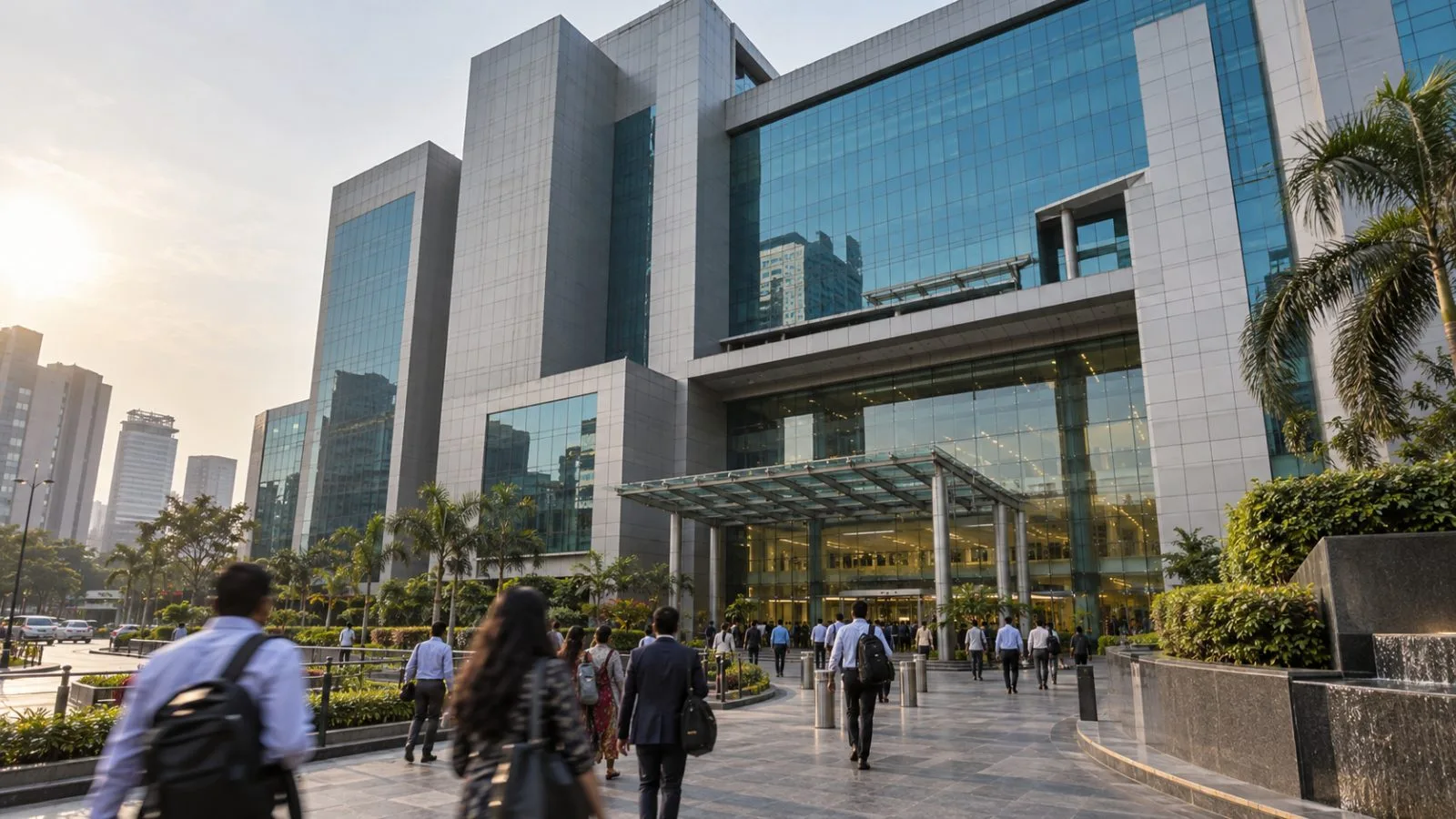Pedestrians pass the National Stock Exchange complex in Mumbai, India. (AI-generated image / EconoTimes)