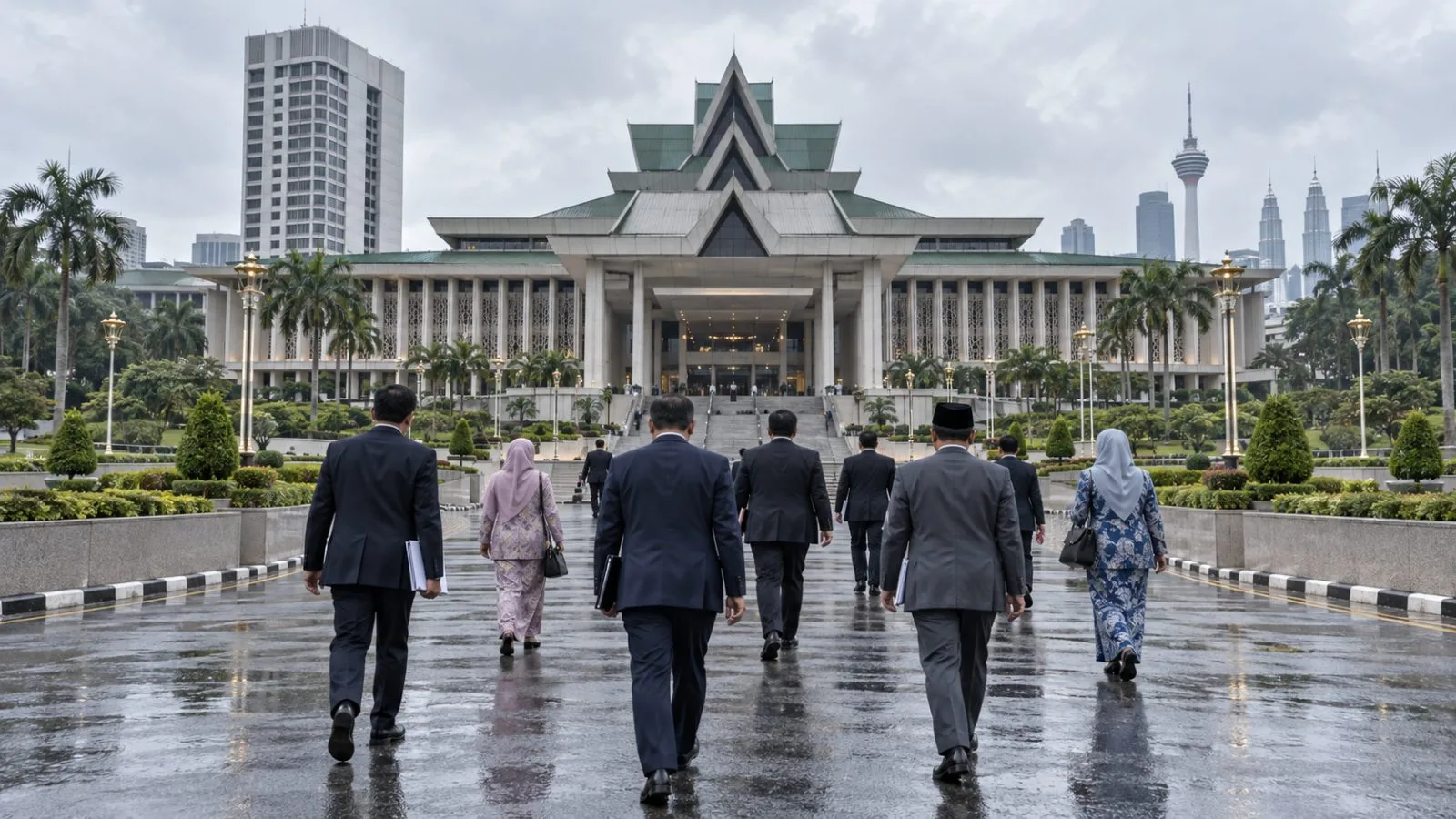 Members enter Malaysia's Parliament in Kuala Lumpur during a morning session. (AI-generated image / EconoTimes)