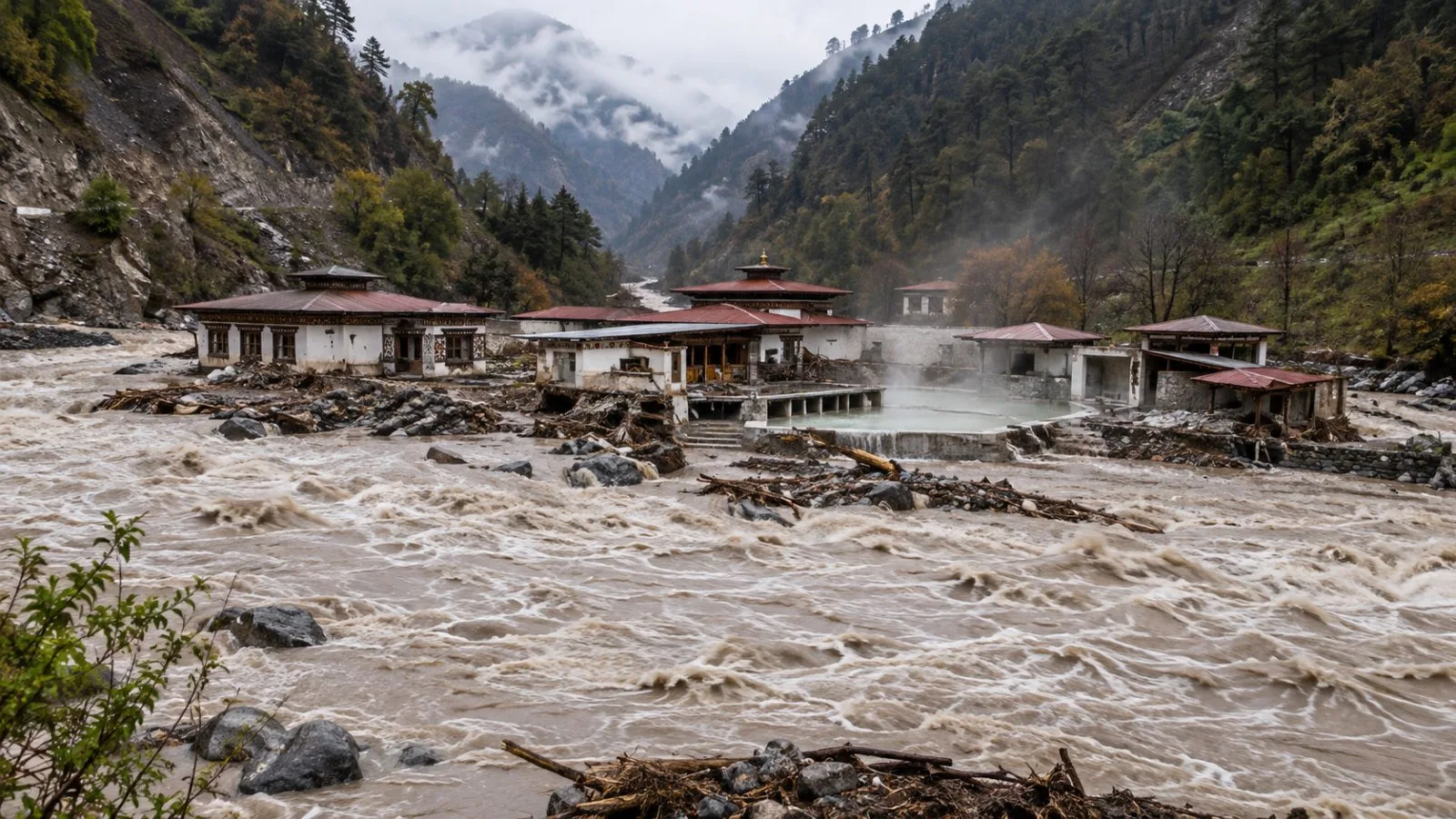 Floodwater runs beside damaged facilities at Gasa Tshachu in Gasa district, Bhutan (AI-generated image / EconoTimes)