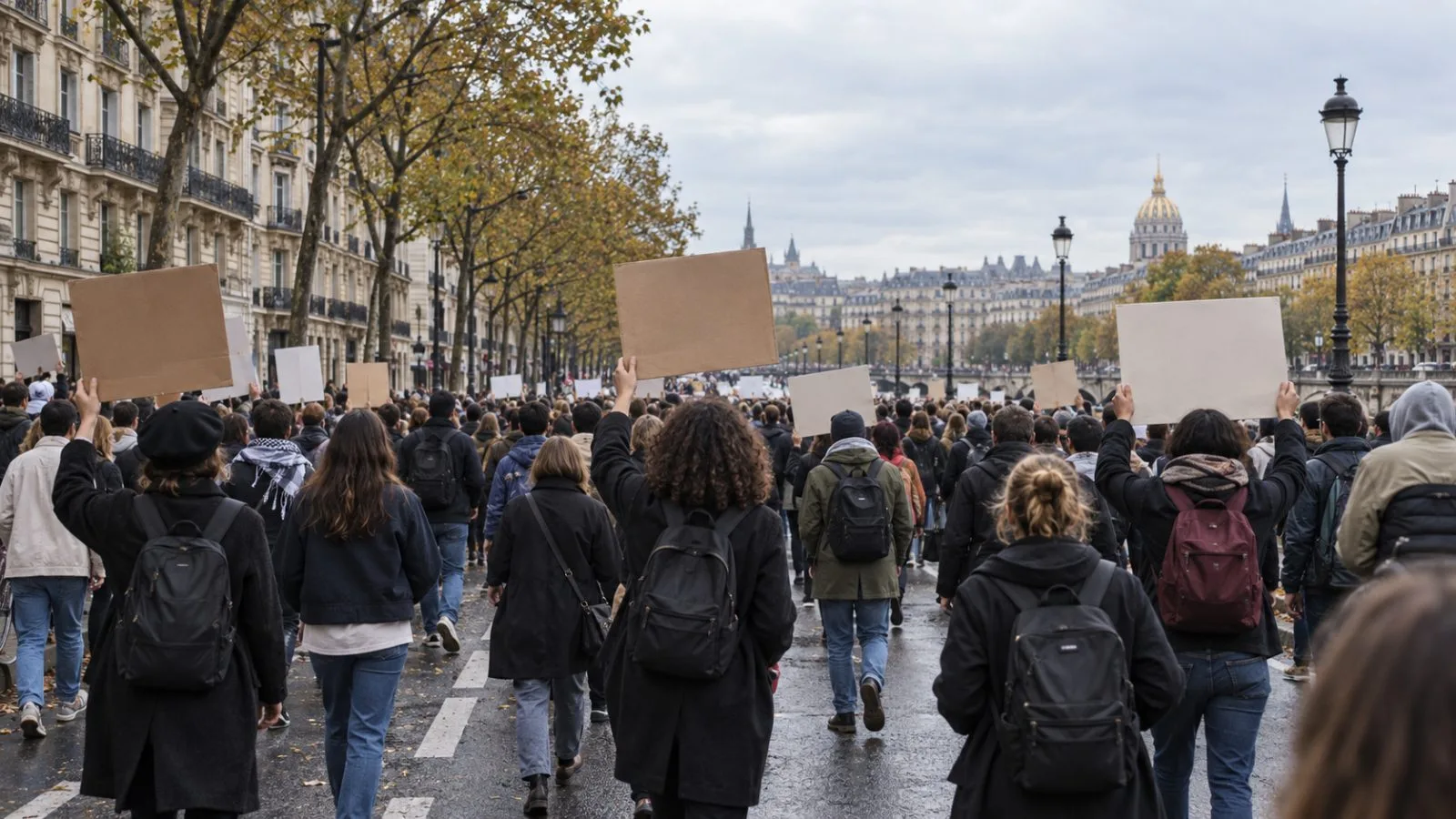 Demonstrators march along a Paris boulevard carrying placards during an afternoon protest. (AI-generated image / EconoTimes)