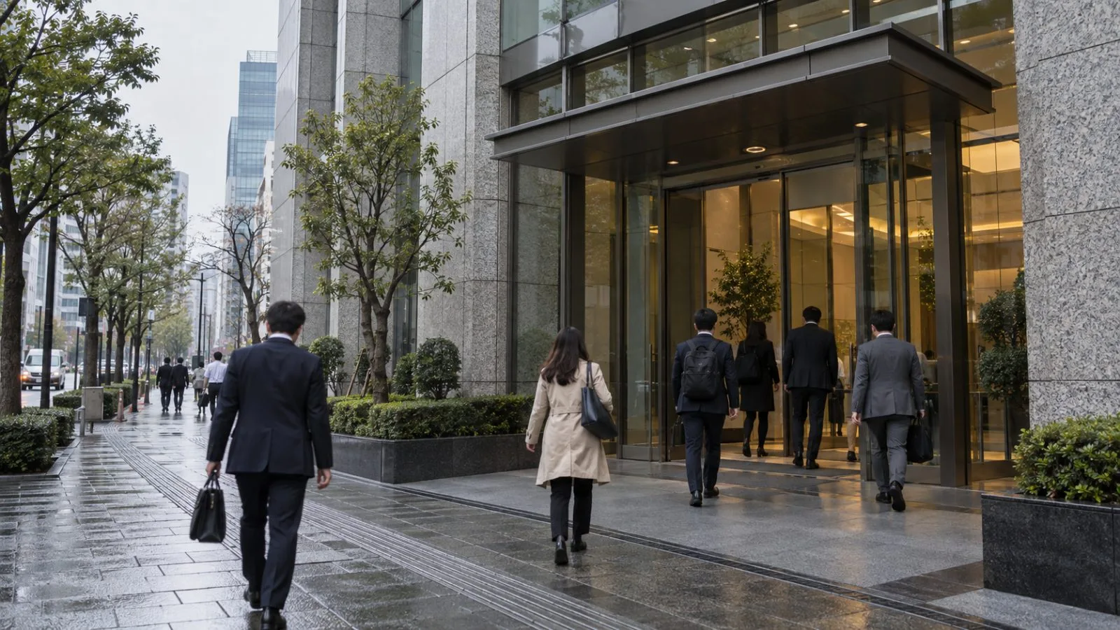 Office workers enter a bank building in central Tokyo, Japan. (AI-generated image / EconoTimes)