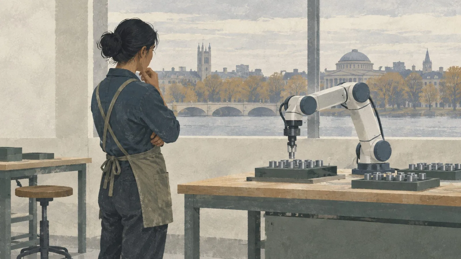 An editorial illustration shows a worker supervising automated equipment in Cambridge, Massachusetts. (AI-generated image / EconoTimes)