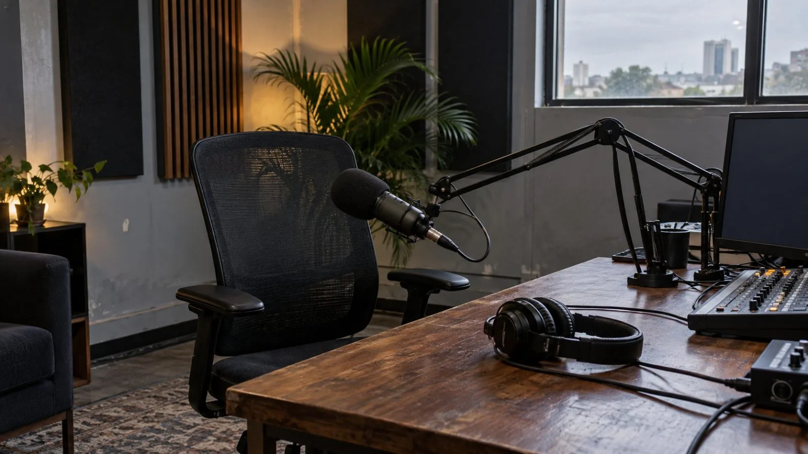 A broadcast microphone and headphones sit on a table in a modest Abuja studio, Nigeria. (AI-generated image / EconoTimes)