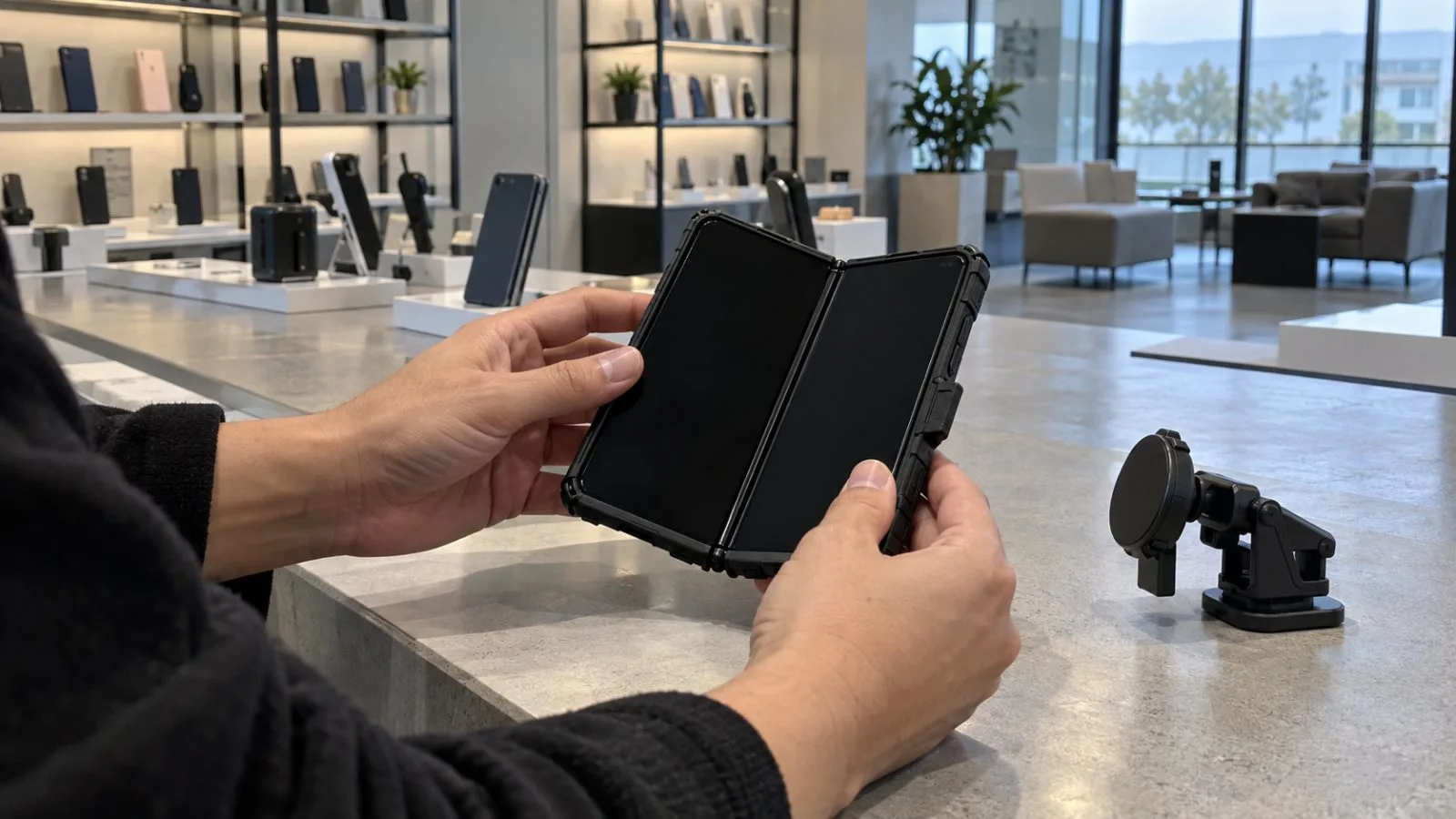 Hands test a rugged foldable phone case inside a showroom in Irvine, California. (AI-generated image / EconoTimes)