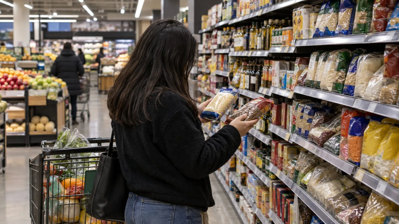 A shopper compares grocery items in a supermarket aisle in Washington, D.C. (AI-generated image / EconoTimes)