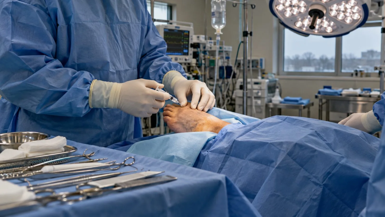 A clinician treats a patient's foot after bunion surgery at First Surgical Hospital in Bellaire, Texas. (AI-generated image / EconoTimes)