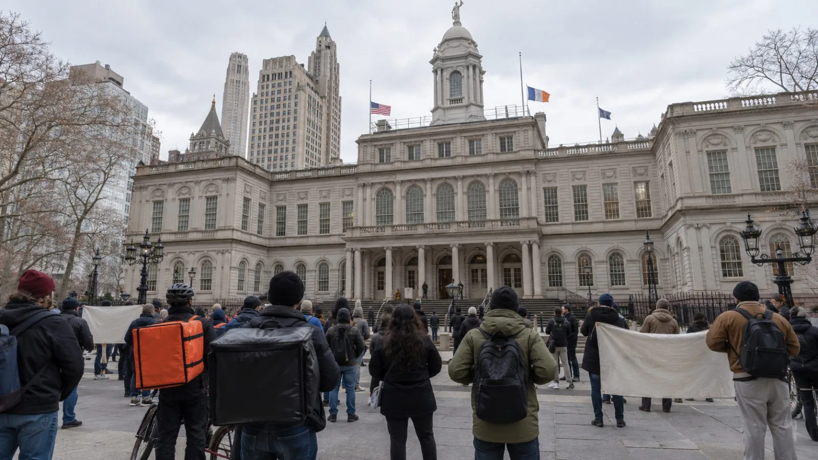 Delivery workers and union supporters gather outside New York City Hall during a rally over facility rules (AI-generated image / EconoTimes)
