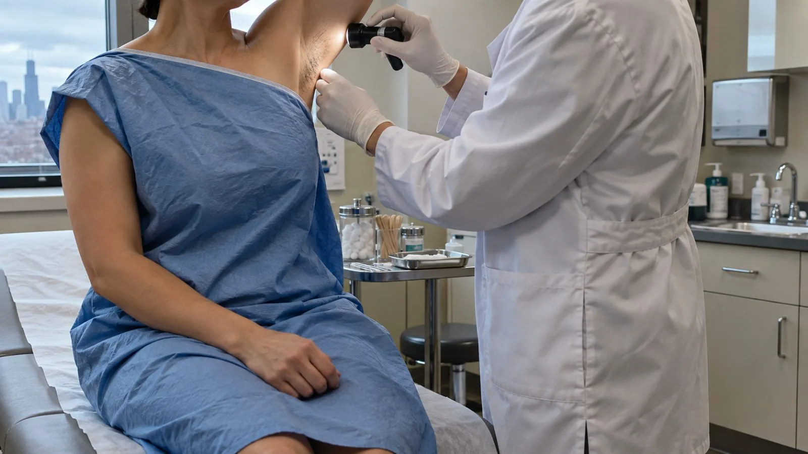 A clinician examines a patient's underarm in a Chicago dermatology clinic. (AI-generated image / EconoTimes)