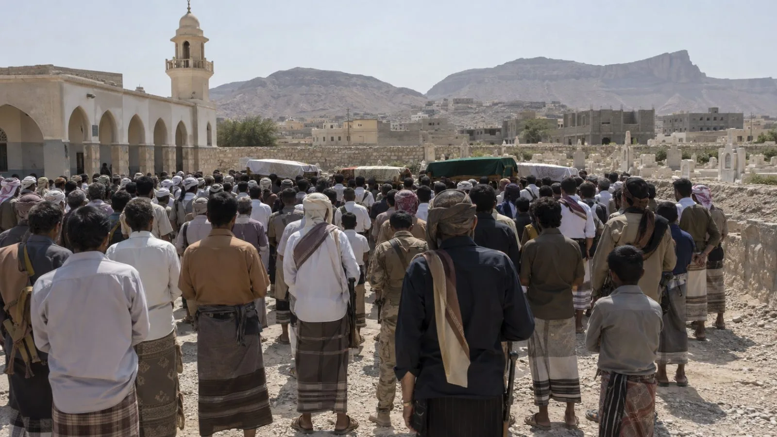 Mourners gather for a funeral in Ataq, Yemen (AI-generated image / EconoTimes)