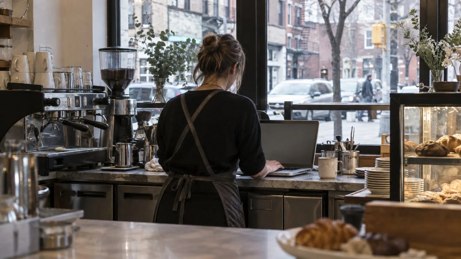 A café worker uses a laptop at a service counter in New York City. (AI-generated image / EconoTimes)