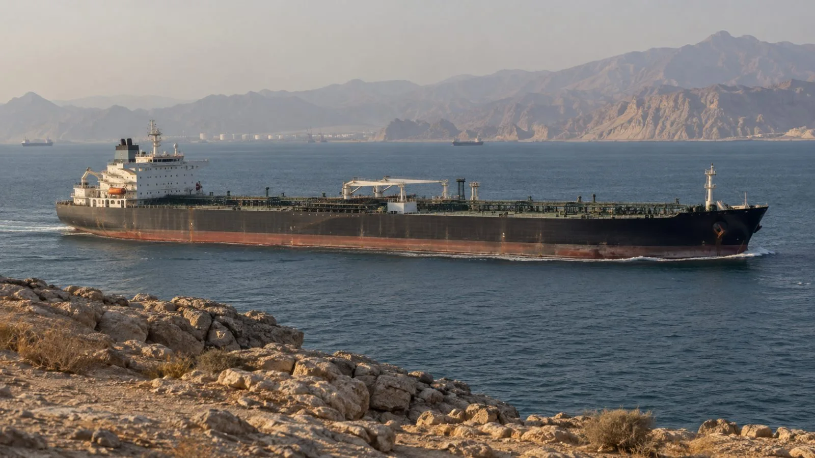 An oil tanker transits the Strait of Hormuz off Bandar Abbas, Iran. (AI-generated image / EconoTimes)