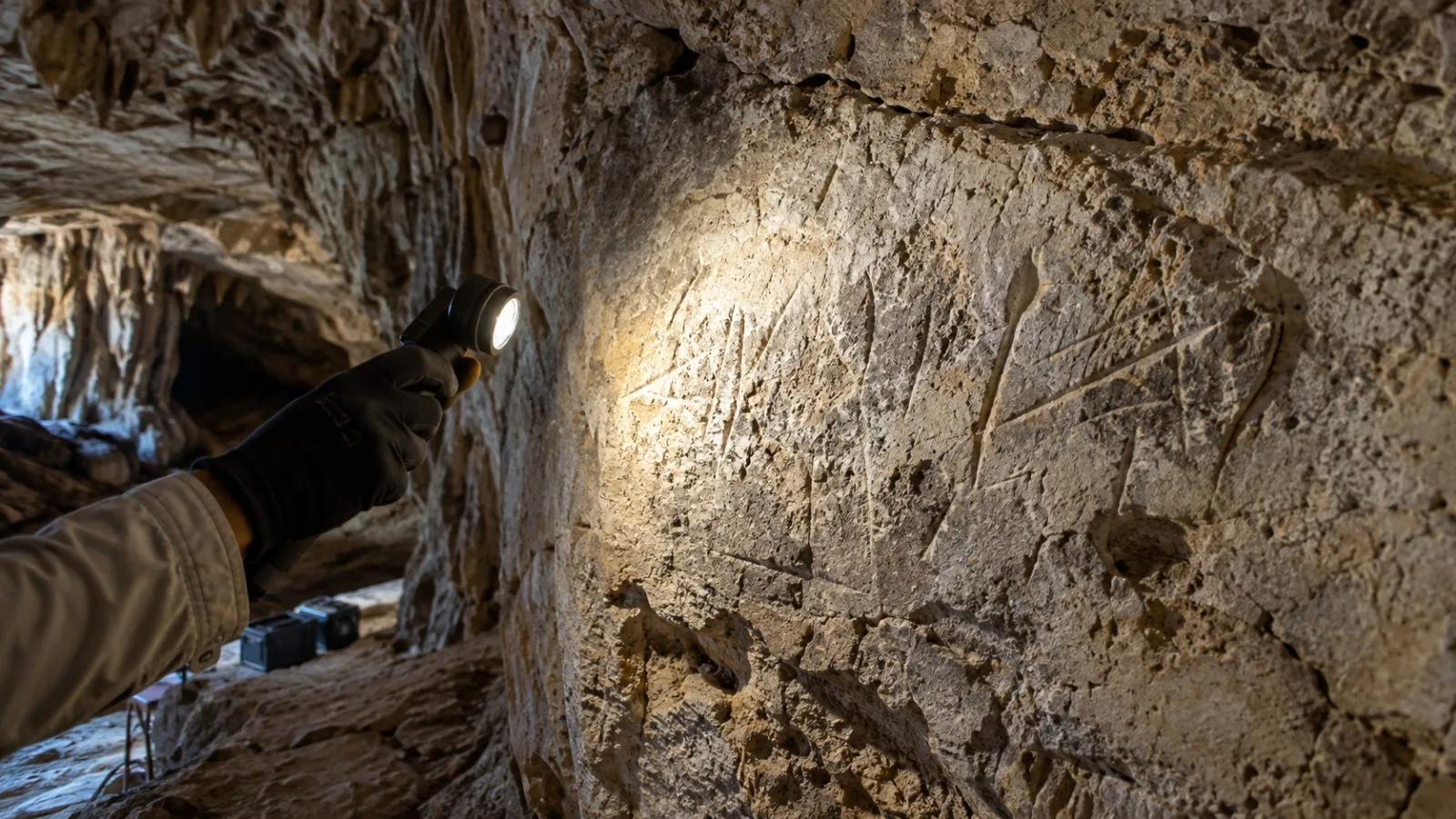 An archaeologist illuminates inscriptions on a wall inside Cova Dones near Valencia, Spain. (AI-generated image / EconoTimes)