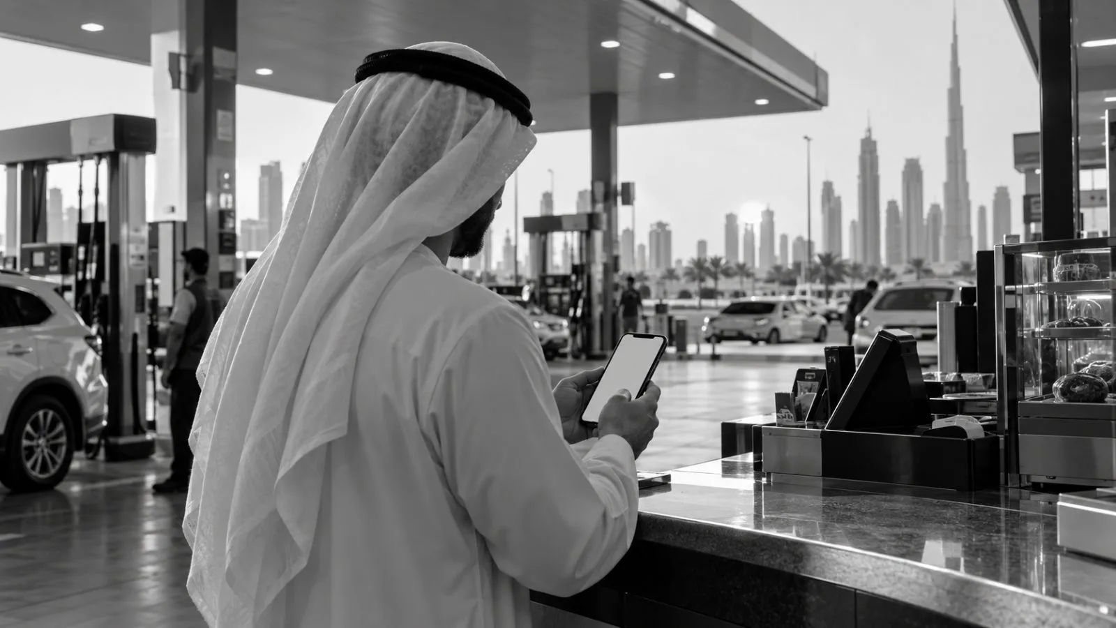 A customer uses a phone at a petrol station in Dubai, United Arab Emirates. (AI-generated image / EconoTimes)