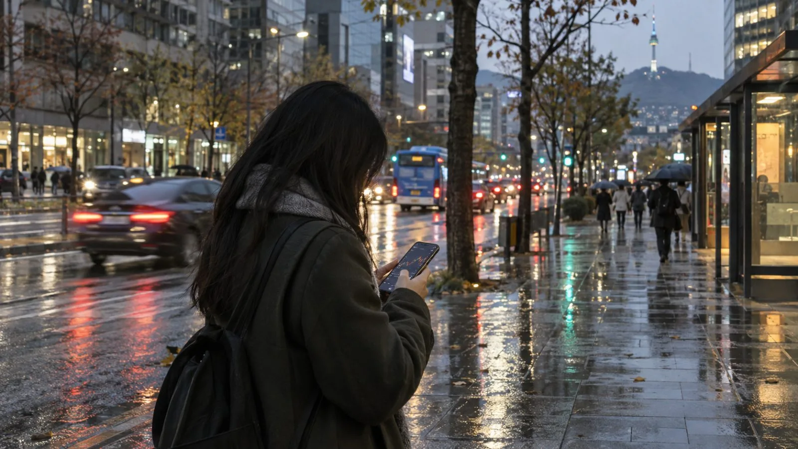 A commuter checks a phone on a rain-darkened sidewalk in Seoul, South Korea. (AI-generated image / EconoTimes)