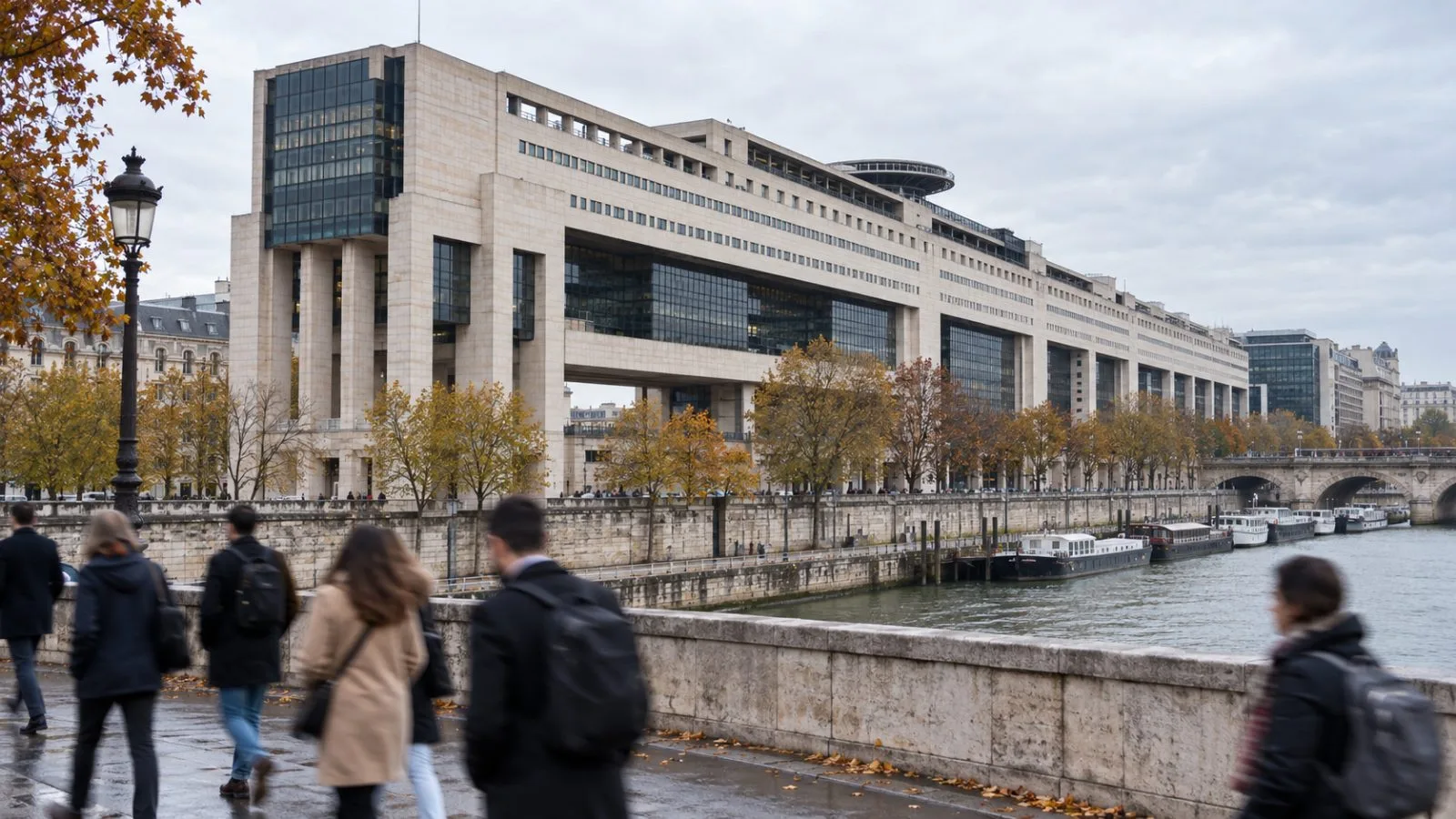 The French finance ministry’s Bercy complex stands beside a quiet Paris street under gray skies. (AI-generated image / EconoTimes)