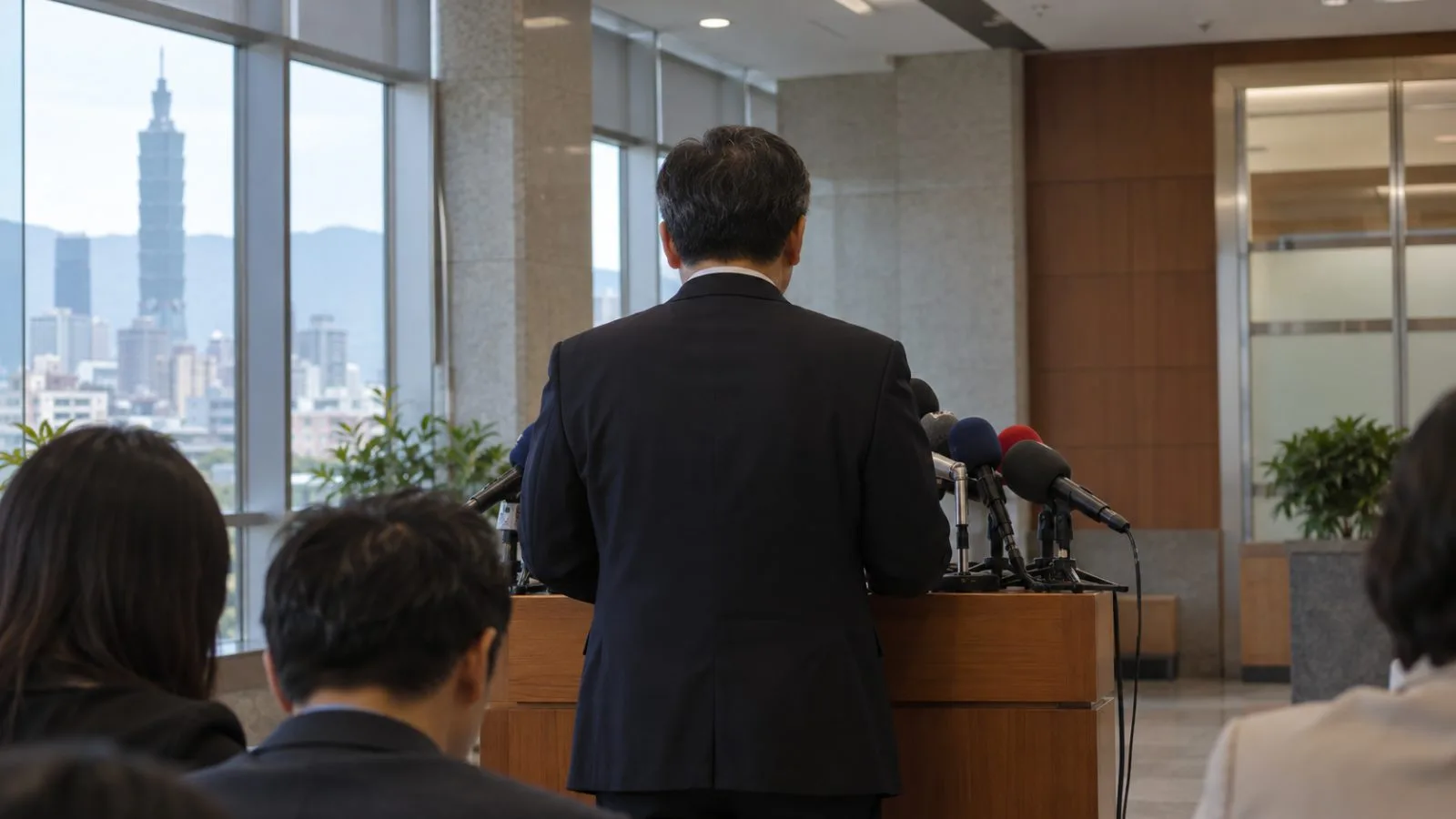 Microphones face an official during a press briefing at Taiwan’s Central Election Commission in Taipei (AI-generated image / EconoTimes)