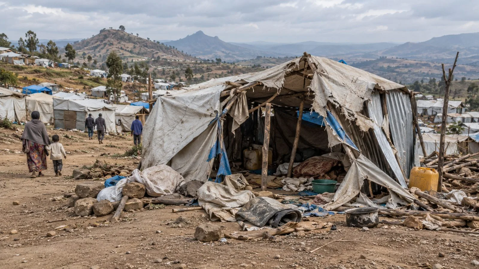 Residents move past a damaged shelter at Hayiq Jari 2 Turk camp near Hayk, Ethiopia (AI-generated image / EconoTimes)