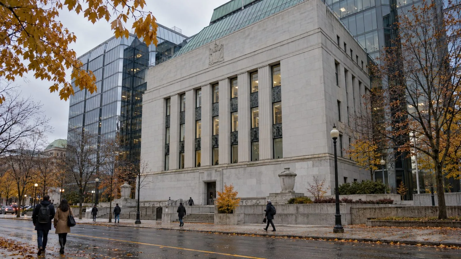 Pedestrians pass the Bank of Canada building in Ottawa on an overcast autumn afternoon (AI-generated image / EconoTimes)
