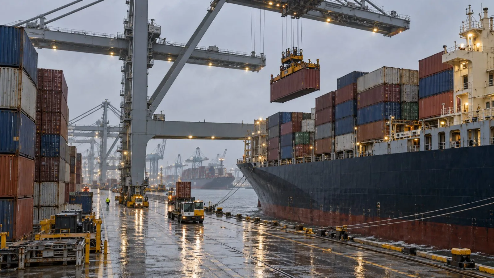 A quay crane unloads a container vessel at Rotterdam’s Maasvlakte terminal on a gray morning. (AI-generated image / EconoTimes)