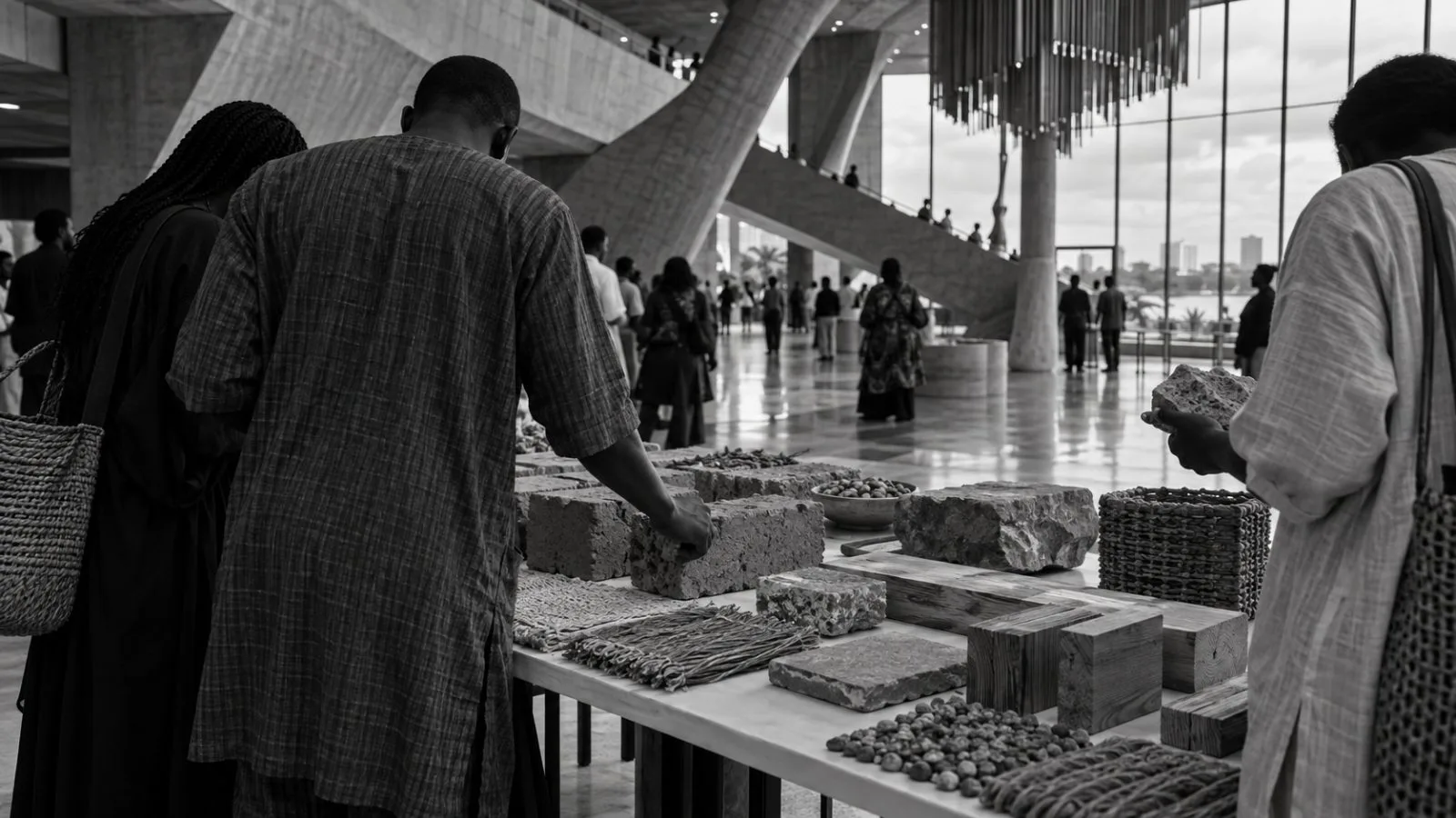 Architecture attendees examine building material samples at the National Theatre in Lagos, Nigeria. (AI-generated image / EconoTimes)