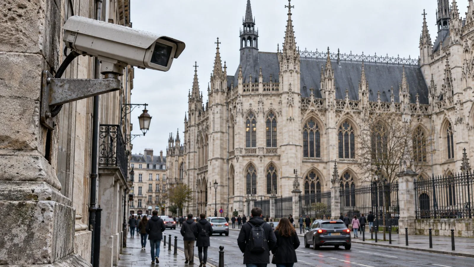 A surveillance camera overlooks a street beside the courthouse in Rouen, France. (AI-generated image / EconoTimes)