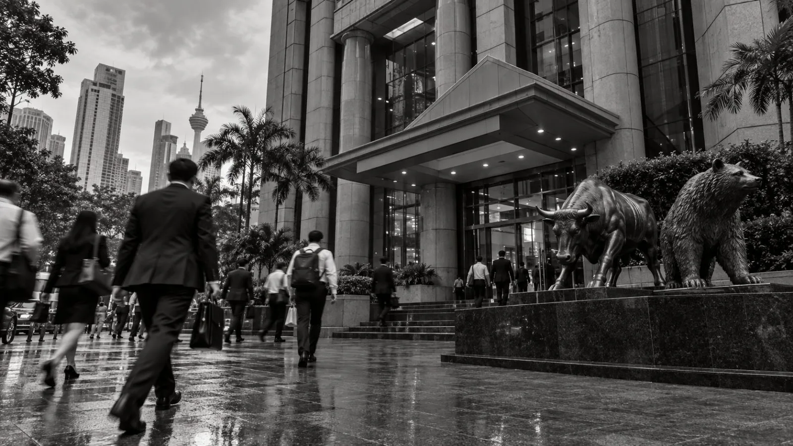 Pedestrians pass the Bursa Malaysia exchange building in Kuala Lumpur on an overcast afternoon. (AI-generated image / EconoTimes)