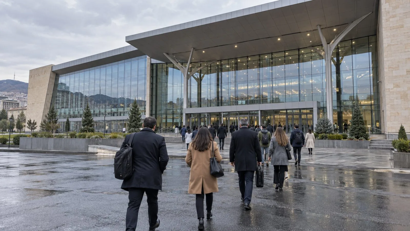 Delegates enter the Meridian Expo and Event Centre in Yerevan, Armenia. (AI-generated image / EconoTimes)