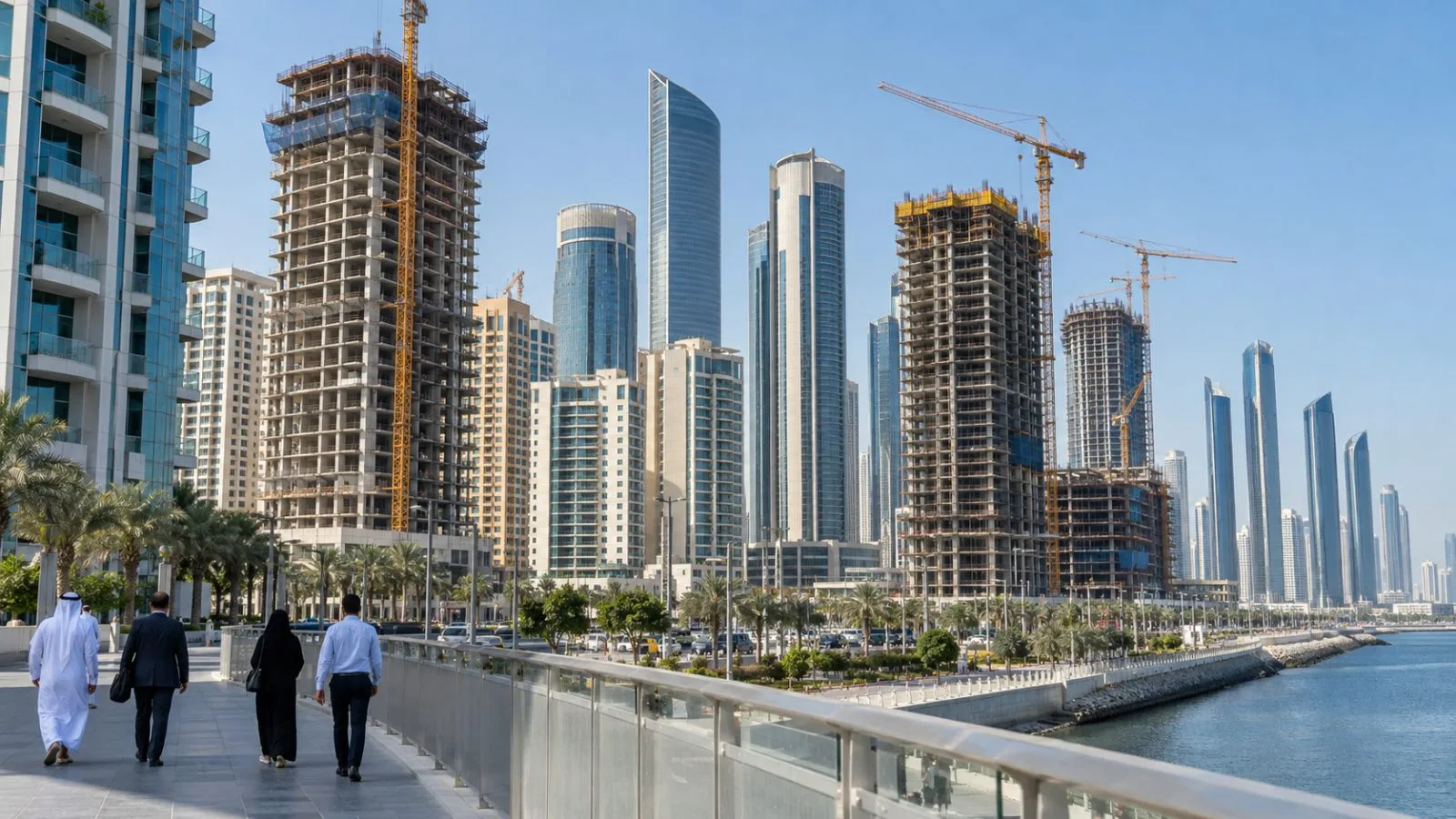 Residential towers under construction rise beside completed apartments in Abu Dhabi City. (AI-generated image / EconoTimes)