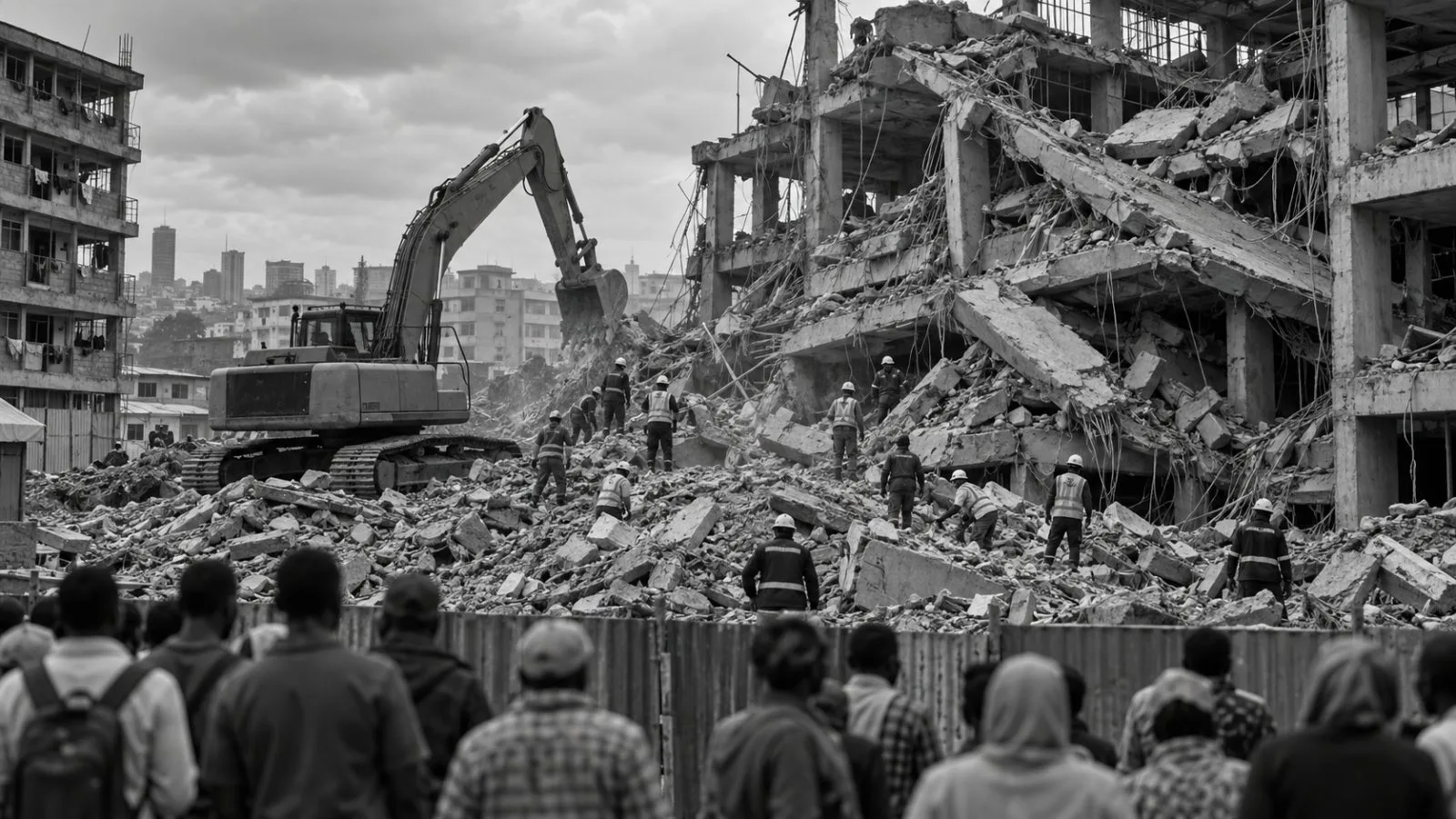 Rescuers and an excavator work through rubble at the collapsed building site in Nairobi. (AI-generated image / EconoTimes)