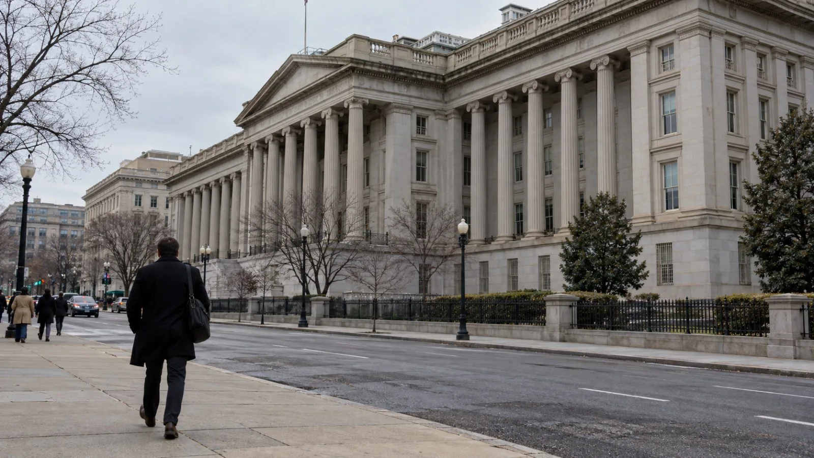 An anonymous commuter passes the U.S. Treasury Department in Washington, D.C. (AI-generated image / EconoTimes)