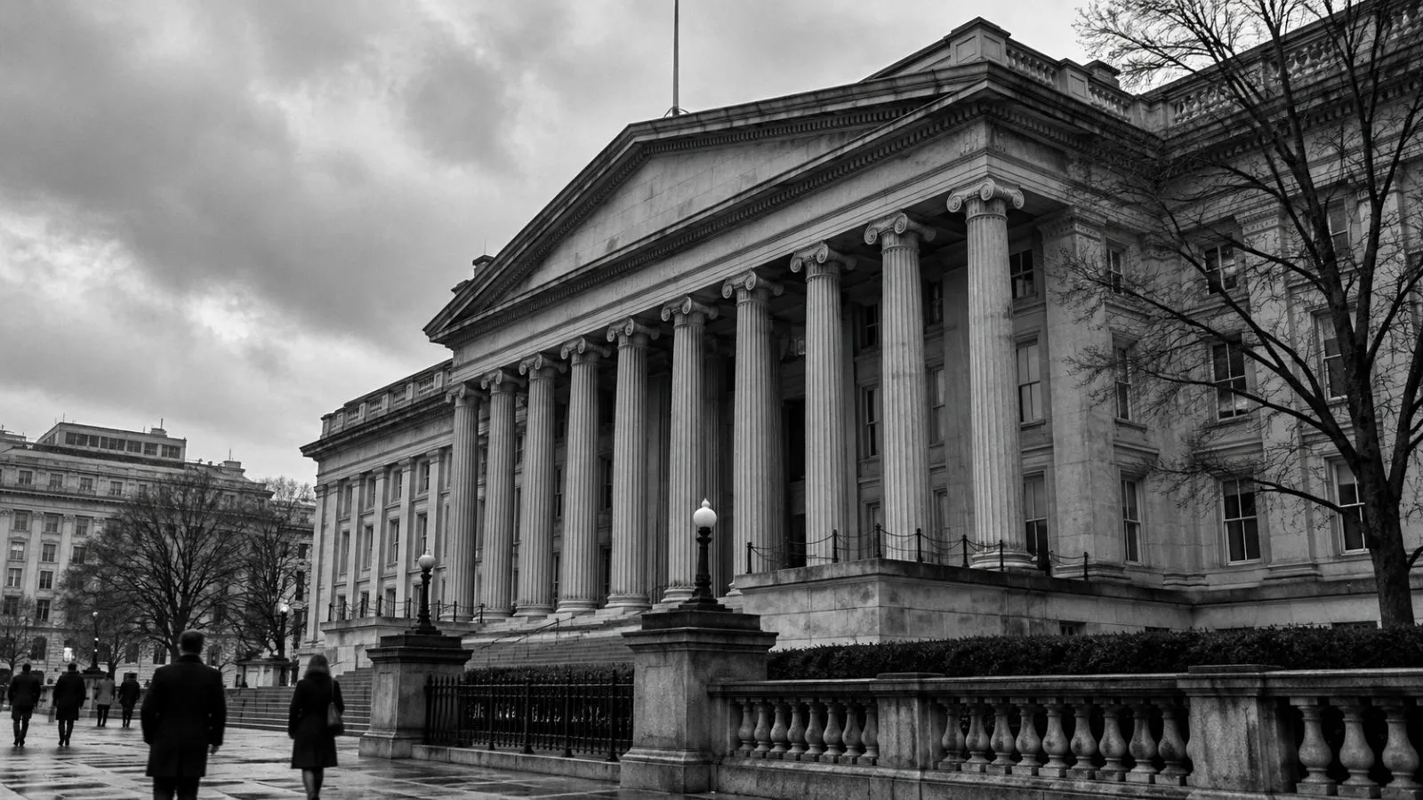 Pedestrians pass the U.S. Treasury building in Washington on an overcast afternoon. / EconoTimes.ai